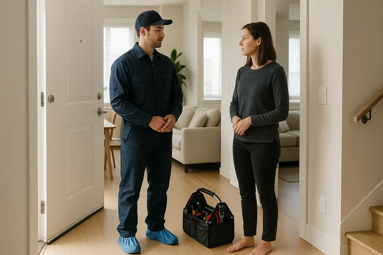 Photo-style image of a plumber arriving carefully in a bright condo or townhouse entry with shoe covers and a tidy tool bag.