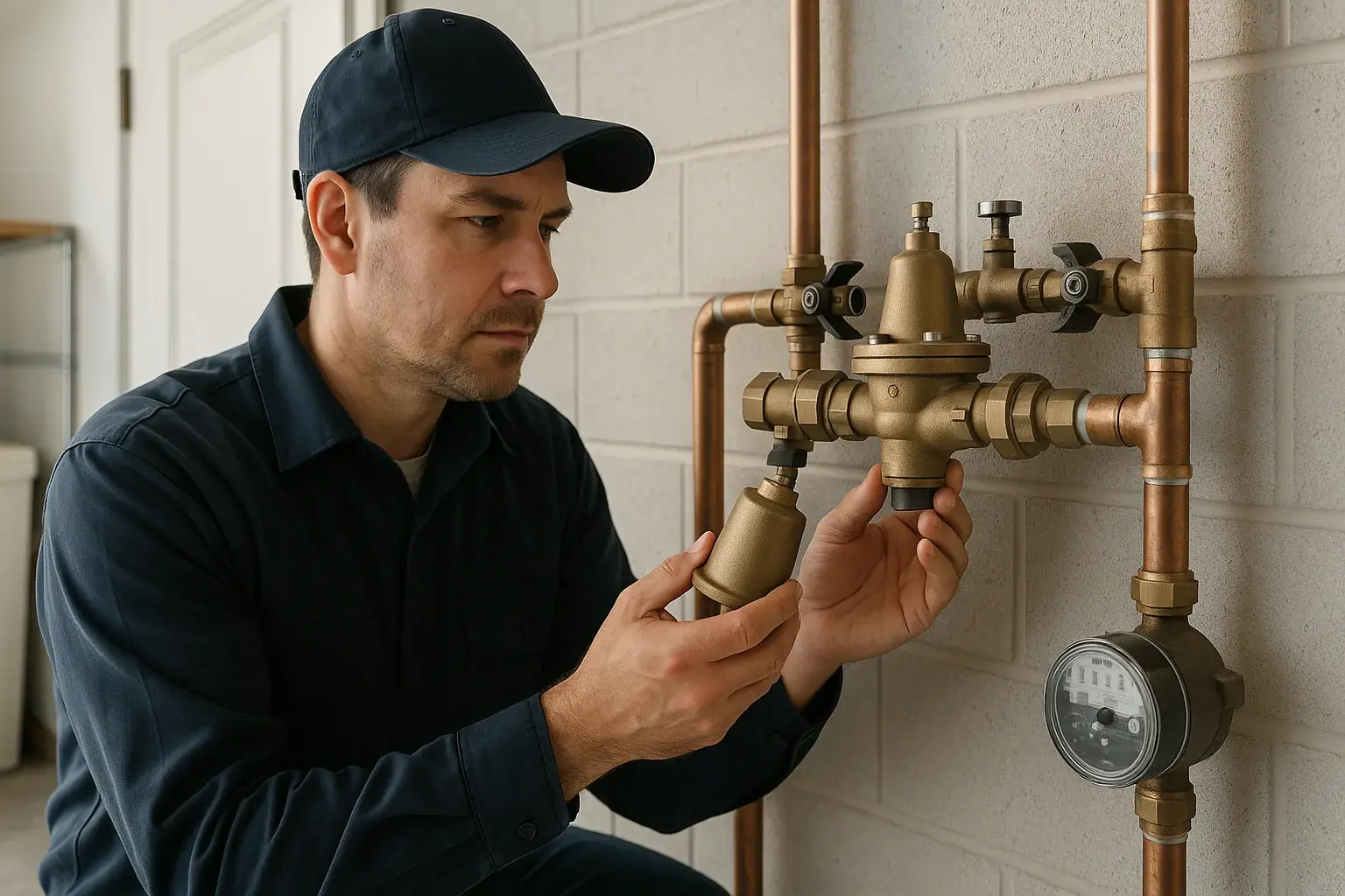 Photo-style image of a plumber inspecting a residential pressure-reducing valve and backflow assembly in a tidy utility space.