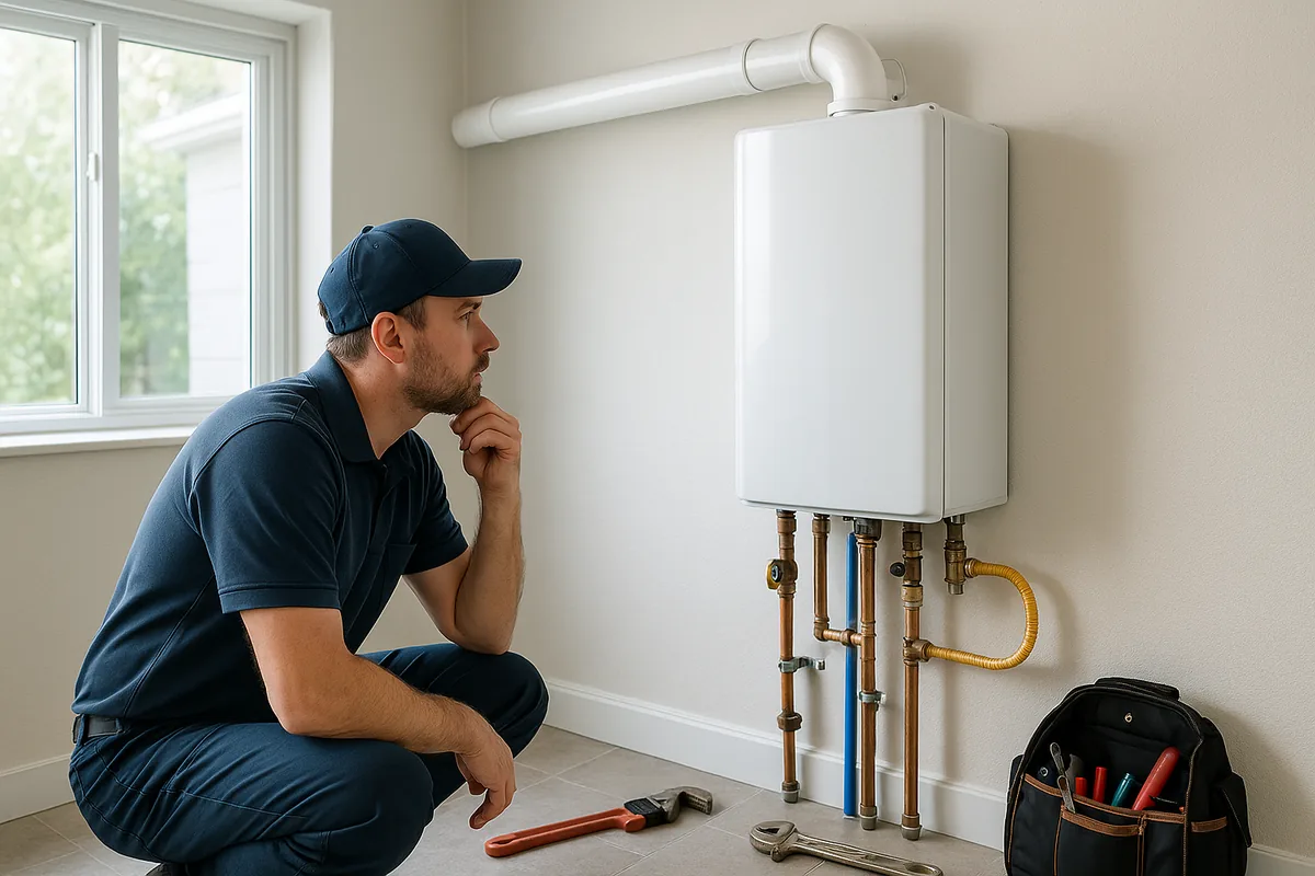 Photo-style image of a plumber reviewing a modern wall-mounted tankless water heater installation in a clean utility room.