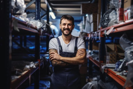 Clearset team member in safety gear standing in a warehouse aisle.
