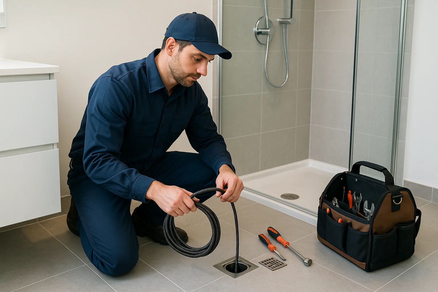 Representative photo-style scene of a plumber preparing drain-cleaning tools beside a modern shower drain in a clean condo bathroom.