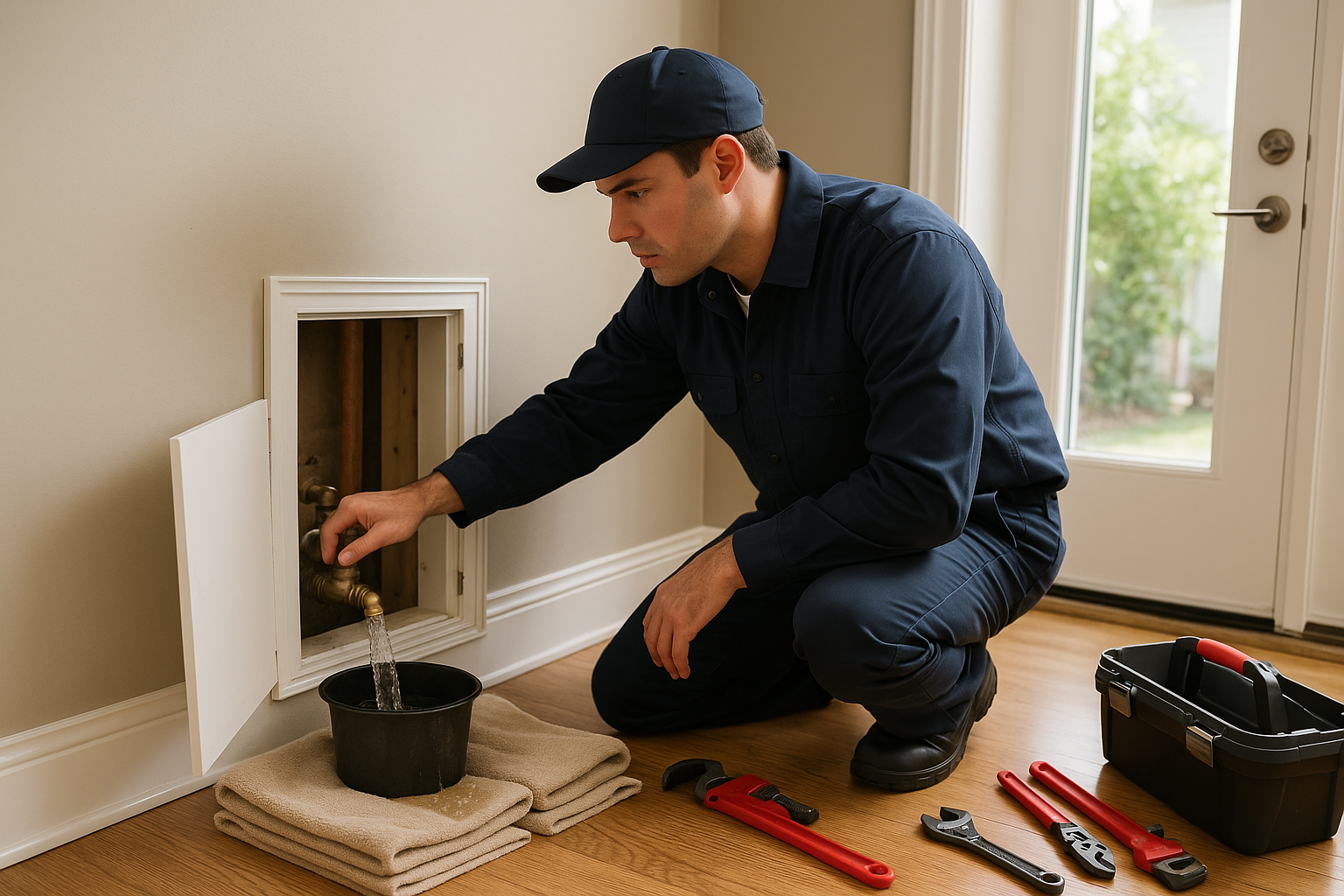 Representative photo-style scene of a plumber containing a controlled residential leak near a main shutoff.