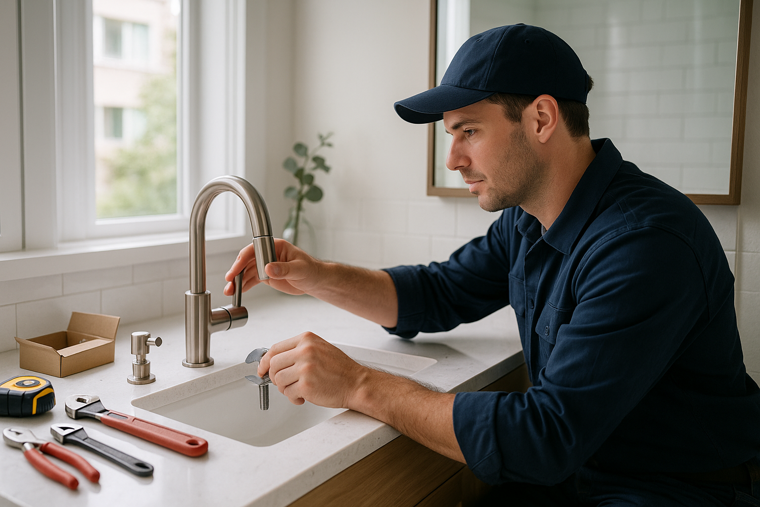 Representative photo-style scene of a plumber installing a modern faucet and shutoff hardware at a bright bathroom vanity.