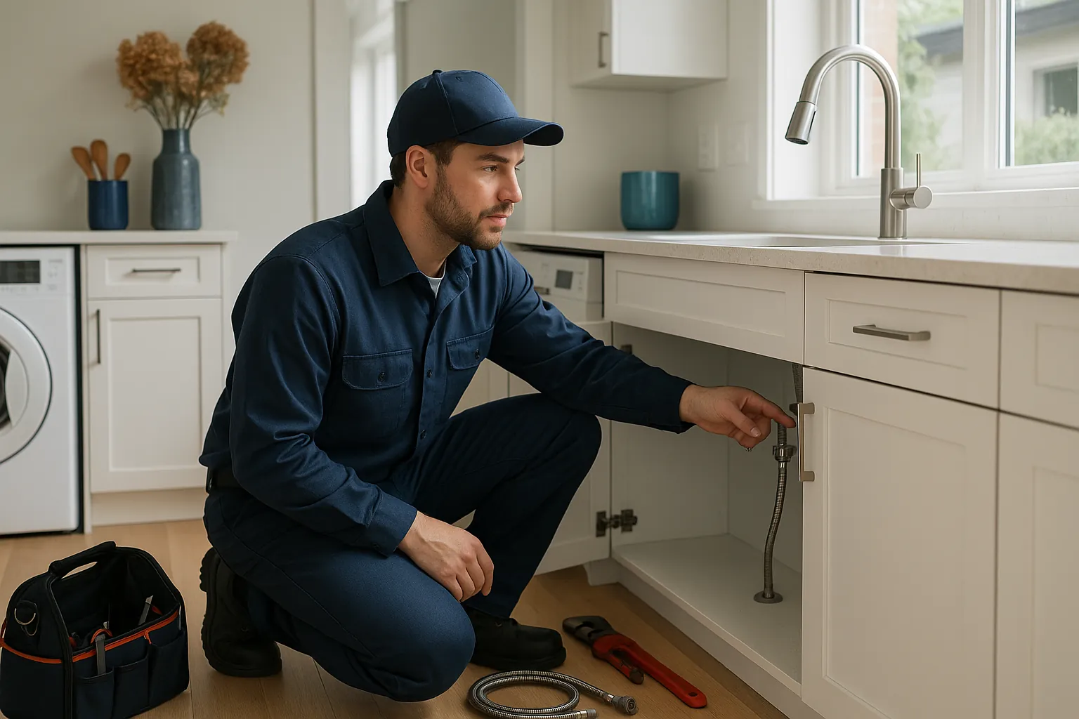 Representative photo-style scene of a plumber checking plumbing under a kitchen sink in a bright modern home.