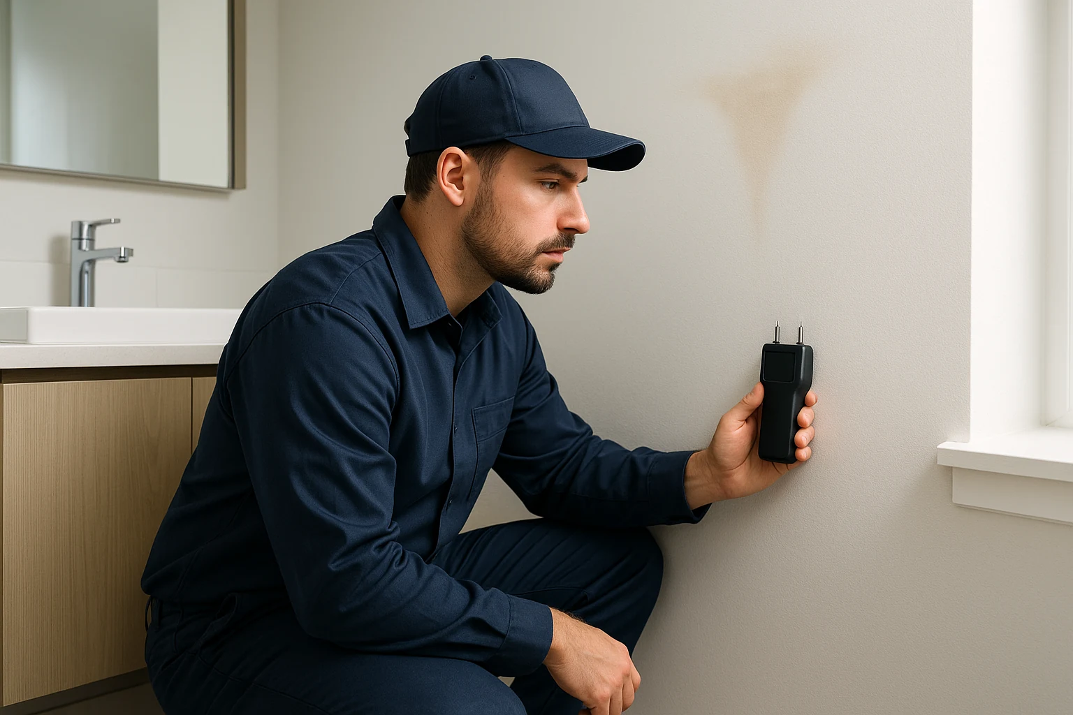 Representative photo-style scene of a plumber using a moisture probe near a subtle wall and ceiling leak issue in a modern bathroom.