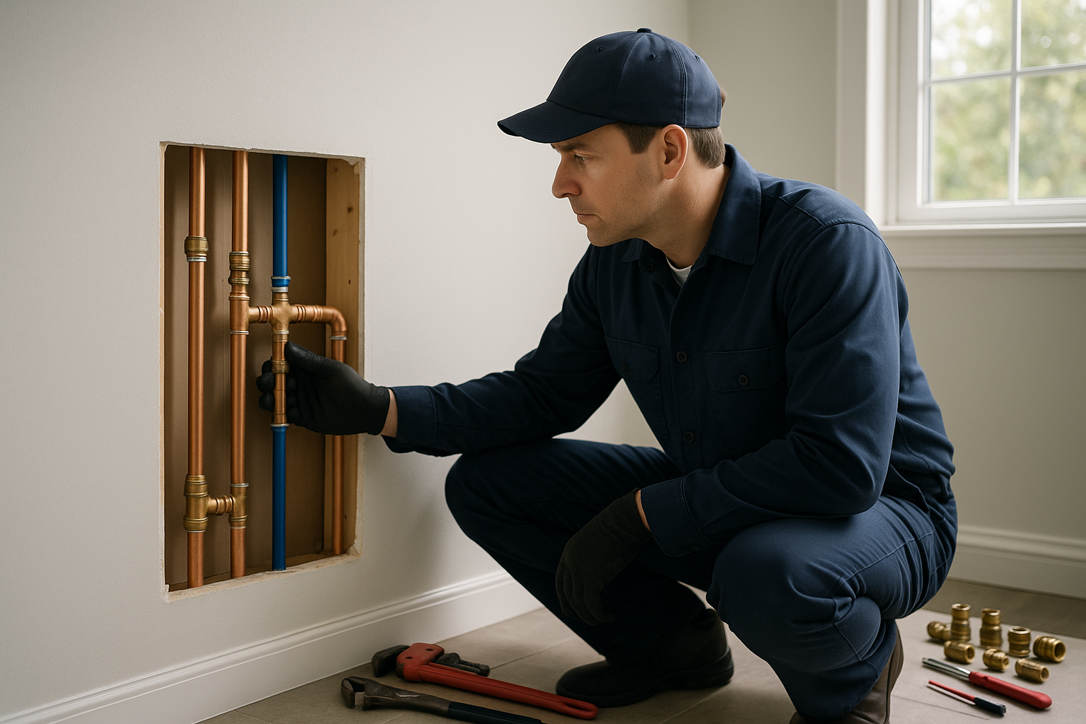 Representative photo-style scene of a plumber inspecting exposed copper and PEX piping.