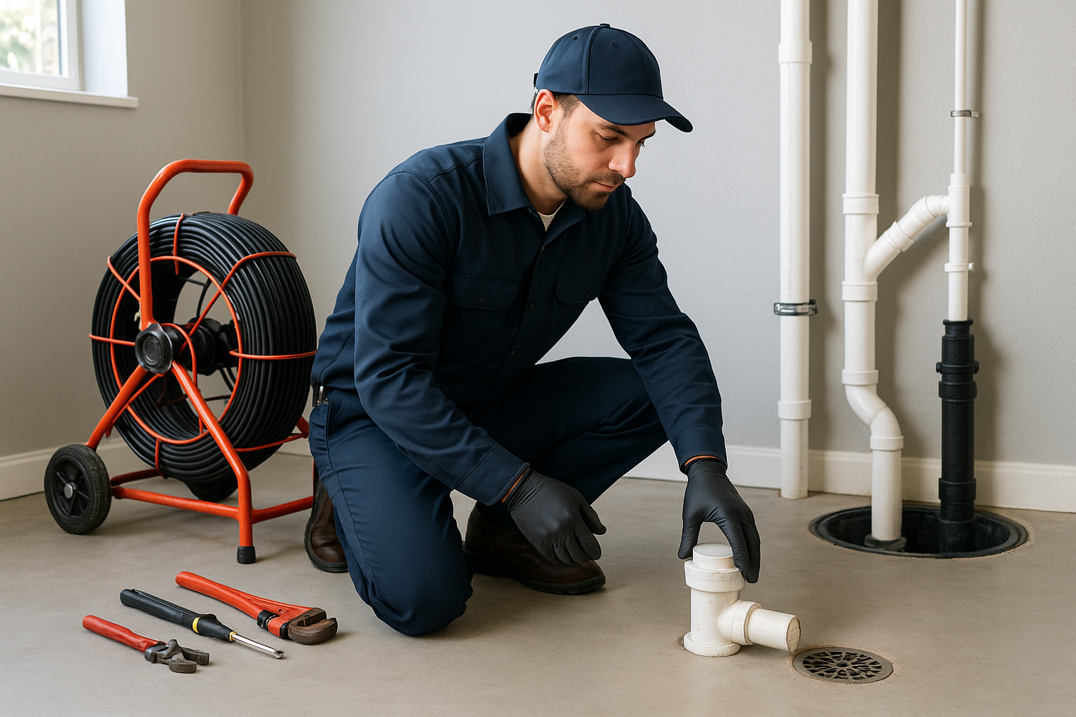 Representative photo-style scene of a plumber inspecting a main-line cleanout and floor drain in a tidy basement utility room with sewer-camera equipment nearby.