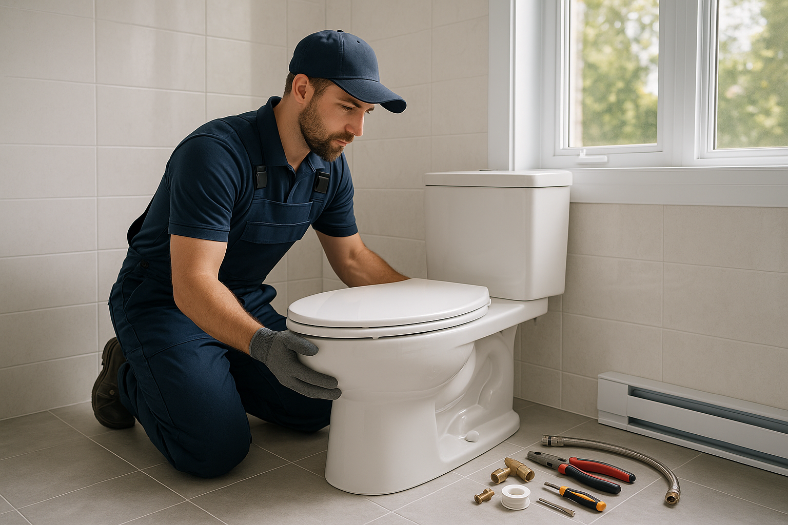Representative photo-style scene of a plumber aligning a modern toilet in a clean residential bathroom.
