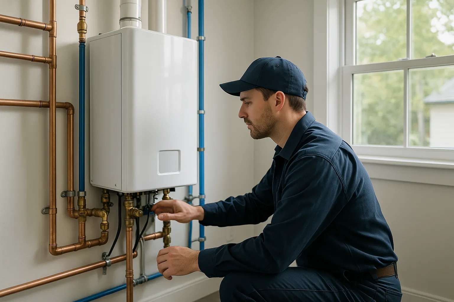 Representative photo-style scene of a plumber servicing a modern tankless water heater in a bright utility room.